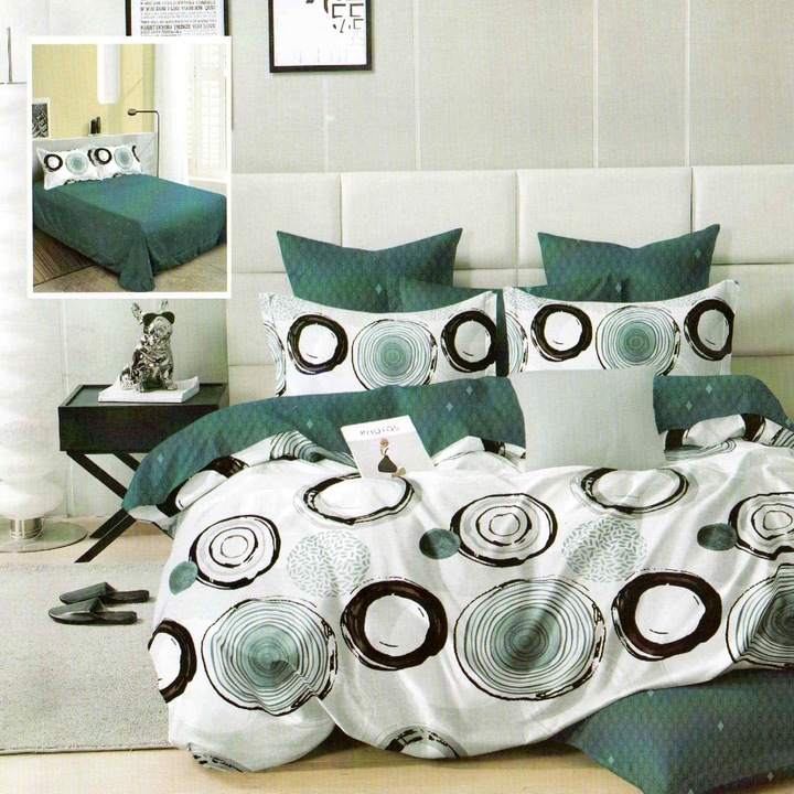 Двойно фино памучно спално бельо 6 части 220 x 240 см, Елегантно, Бяло / Зелено, Ralex Pucioasa M305
