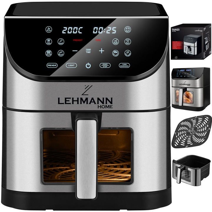 Friteuza cu aer cald, fara ulei, Lehmann Tanzi, Airfryer 1800W, 8L, fereastra de previzualizare, Ecran digital, iluminat interior, 10 functii de gatire presetate, 37.6x35.5x40.2 cm, 5.8kg, Negru