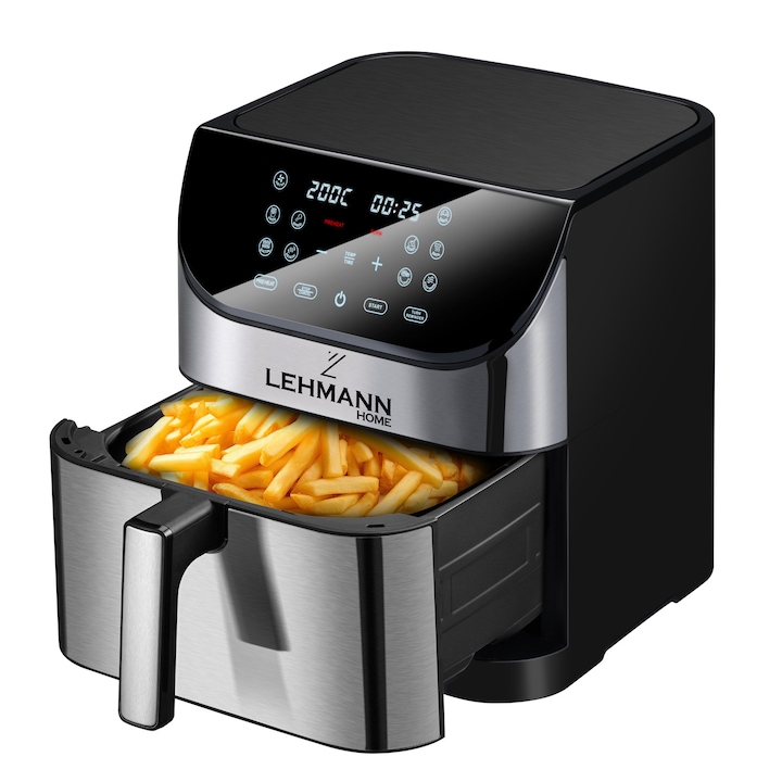 Friteuza cu aer cald, fara ulei, Lehmann Procado, Airfryer 1800W, 8L, Ecran digital, iluminat interior, 10 functii de gatire presetate, 37.6x35.5x40.2 cm, 5.8kg, Negru