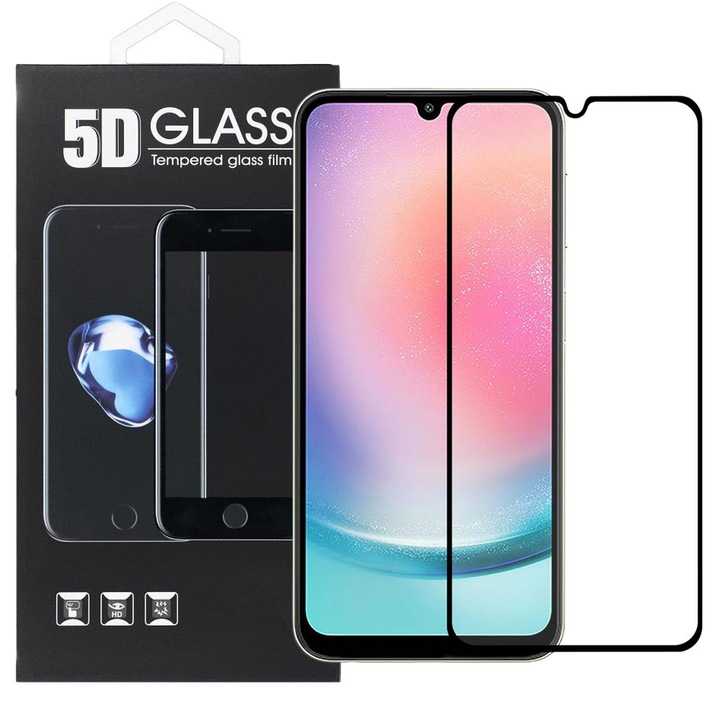 Samsung Galaxy A25 5G / A24 4G kompatibilis üvegfólia, előlapi, 5D, edzett, hajlított, fekete kerettel
