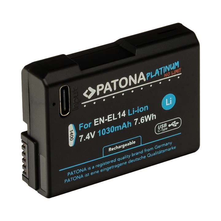 Acumulator Patona Platinum EN-EL14, 1030mAh, incarcare port USB-C, pentru Nikon D3100 D3200 D3400 D3500 D5100 D5300 D5500 D5600 DF Coolpix P7000 P7100 P7800
