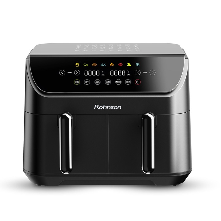 Friteuza cu aer cald si cos dublu Rohnson R2809, 2400W, ecran tactil LED color, 8 programe automate presetate, recipient dublu, detasabil, de 4, 25 L+4, 25 L, tehnologie Cook Assist, 40-200°C, Timer 60min cu oprire automata, protectie supraincalzire