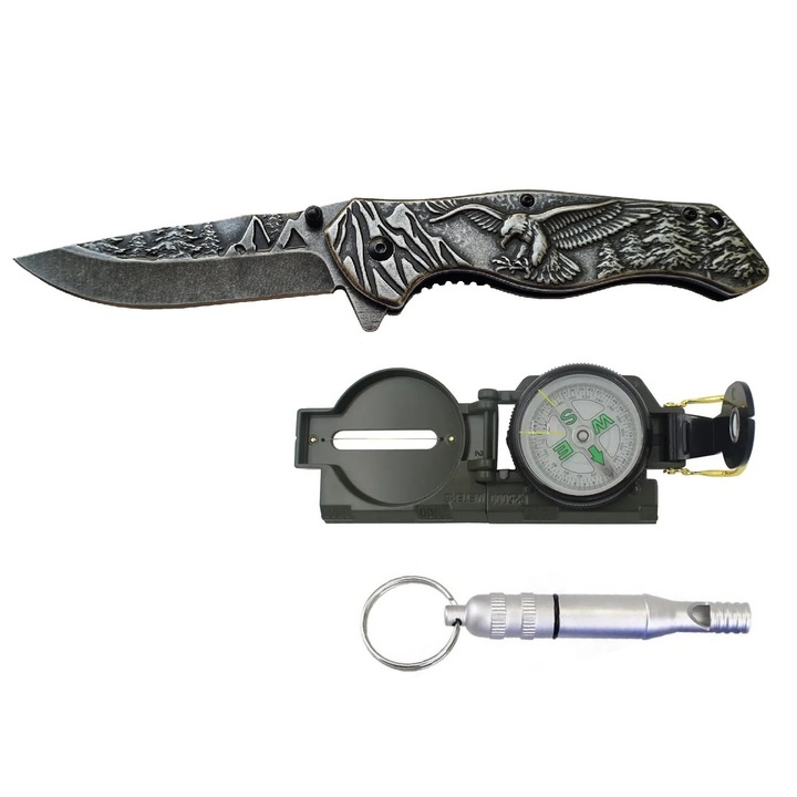 Set Briceag Eagle, 20 cm, otel, full metal, clema prindere centura, Busola metalica GBP-Compass si Fluier supravietuire