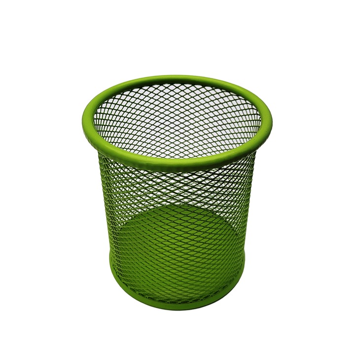Suport cilindric metalic, 8.5 cm x 10 cm- verde, pentru instrumente de scris