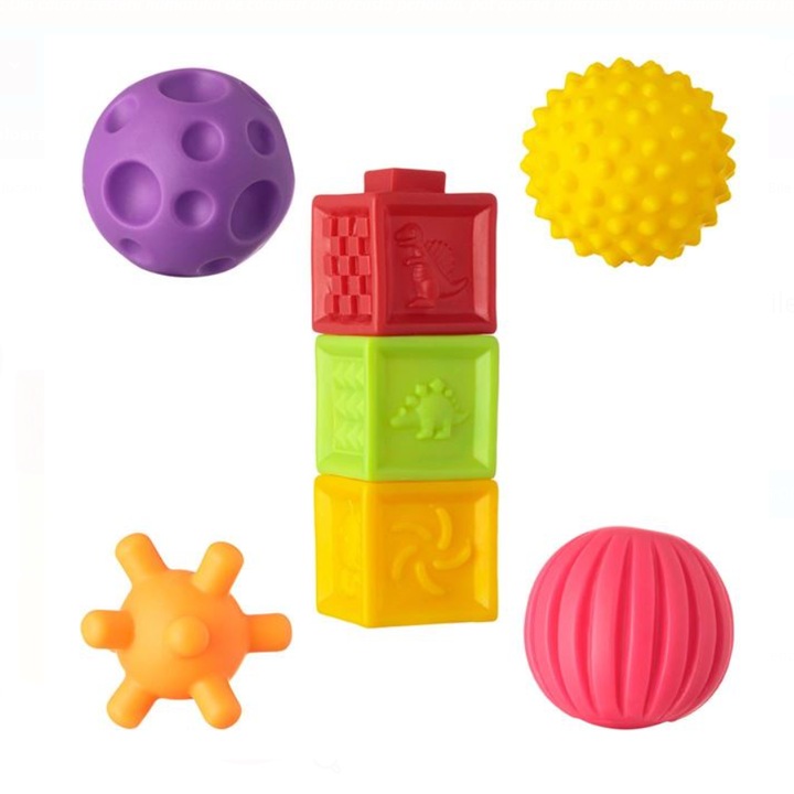 7 db-os baba szenzoros játék, kockák és színes golyók készlete, 3 hónap+