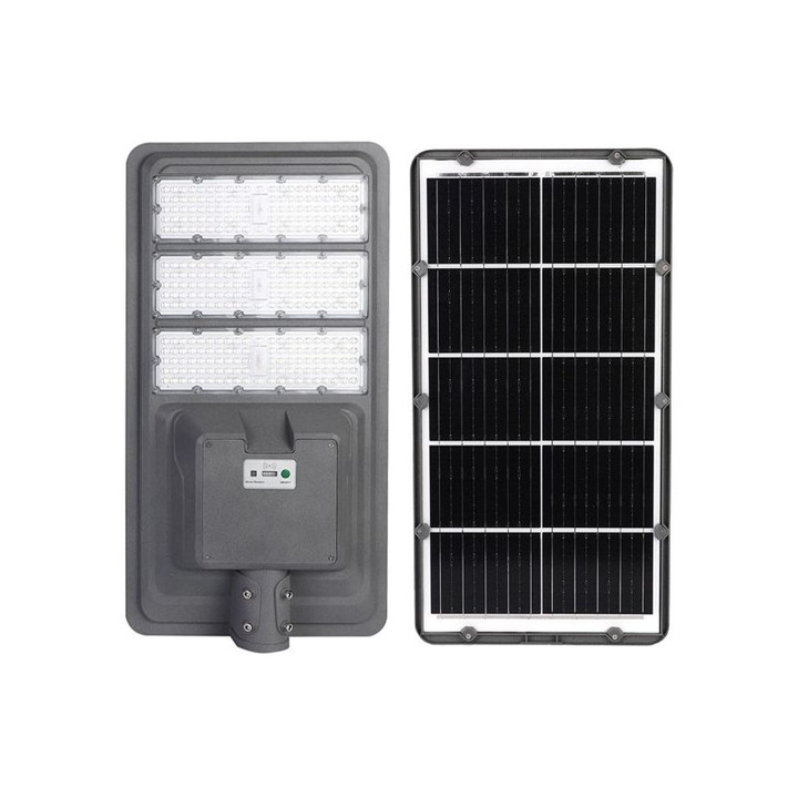 EMazing napelemes utcai lámpa, IP65, fényérzékelő, 306 SMD LED, 3000 lm, 40 W panel, 300 W teljesítmény, 12-16 óra autonómia, távirányító, fix rögzítés, utcára vagy kertre, matt kivitel, ABS anyag, 70, 3 x 36, 5 x 8, 7 cm, hideg fehér fény, szürke