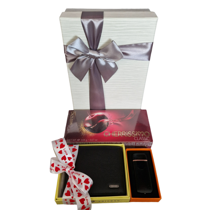 Pachet Cadou cu Portofel barbatesc, din piele naturala, Praline de ciocolata neagra cu visine, Bricheta USB, cutie cadou