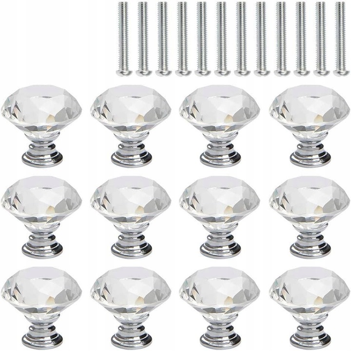 Set 12 manere mobila, Faccts, 30 mm, Transparent/Argintiu