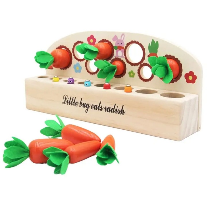 Joc interactiv pentru dexteritate, sortare morcovi si pescuit magnetic, Montessori din lemn, E-Toy®