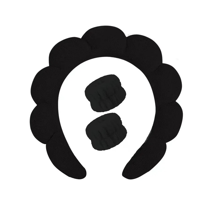 Спа лента за глава с гъба и 2 кадифени протектора за китки, за измиване на лице, грим, грижа за кожата или премахване на грим, абсорбиращ материал, кърпа, черна