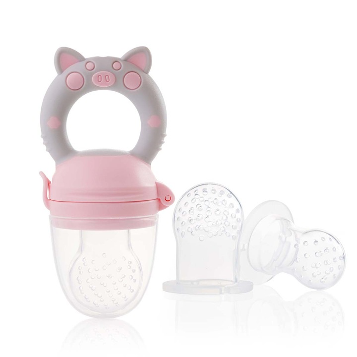 Suzeta fructe si legume Dodoli, set cu 3 tetine pentru bebelusi 4-18 luni si cutiuta, Porcusor Gri-Roz