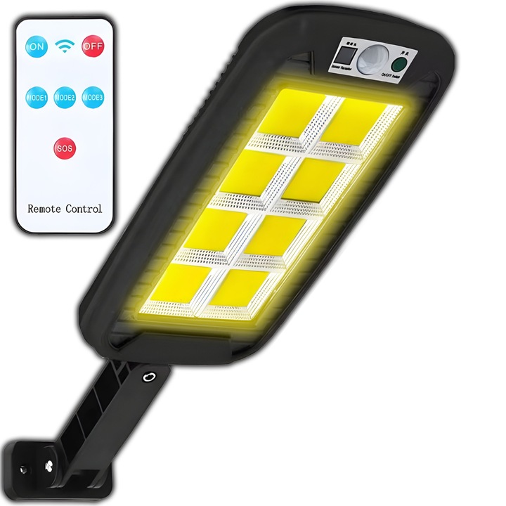 COB LED соларна улична лампа със сензор за движение и здрач, с дистанционно управление, 98 LED, 60W, IP65