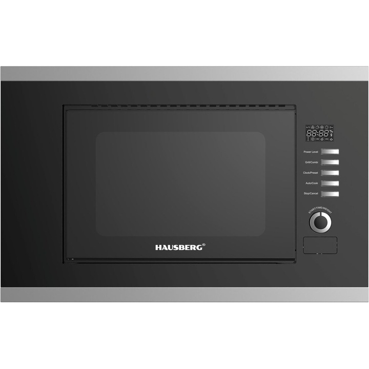 Cuptor cu microunde incorporabil HAUSBERG HB-8065NG, 20 litri, Putere: 230V, 50Hz, 700W, 900W putere grill, 1200W putere de intrare, 6 nivele de putere, 8 programe automate, control mecanic, decongelare, timer, sistem blocare copii, negru