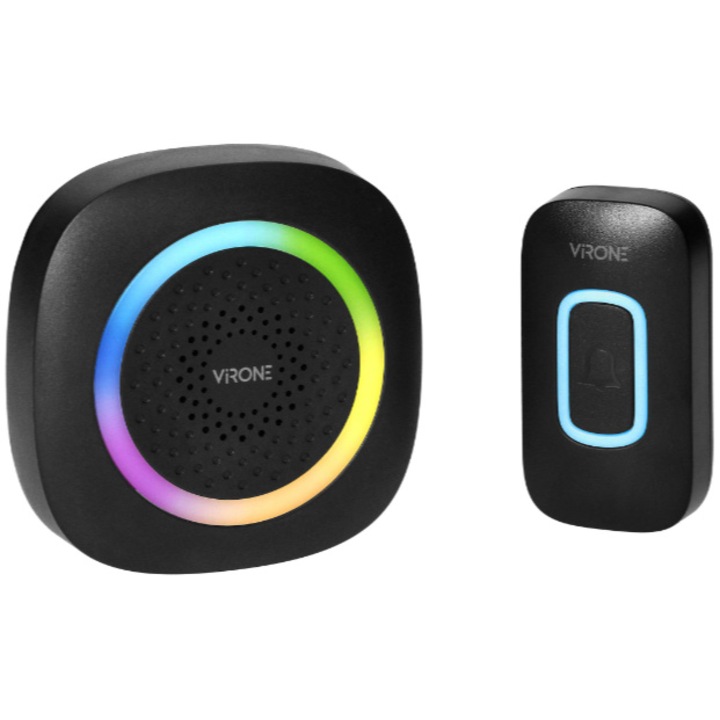 Безжичен звънец Virone DB-6/B, На батерии, IP44, RGB подсветка, 300 м, 60 мелодии, Комплект за стенен монтаж, 1 приемник, Черен