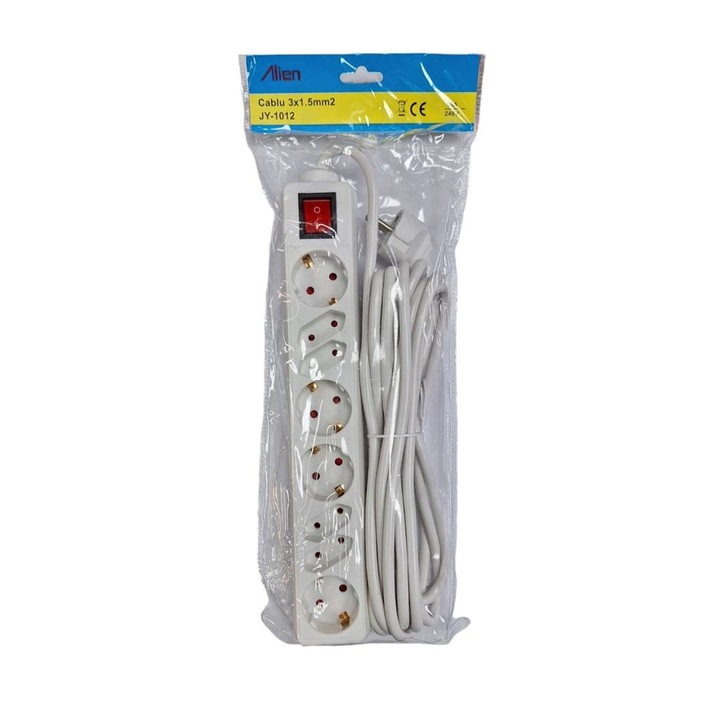 Разклонител JY-1012, Контакт, Ключ, 8-ца, Бял, 5m, 220VAC, 16A