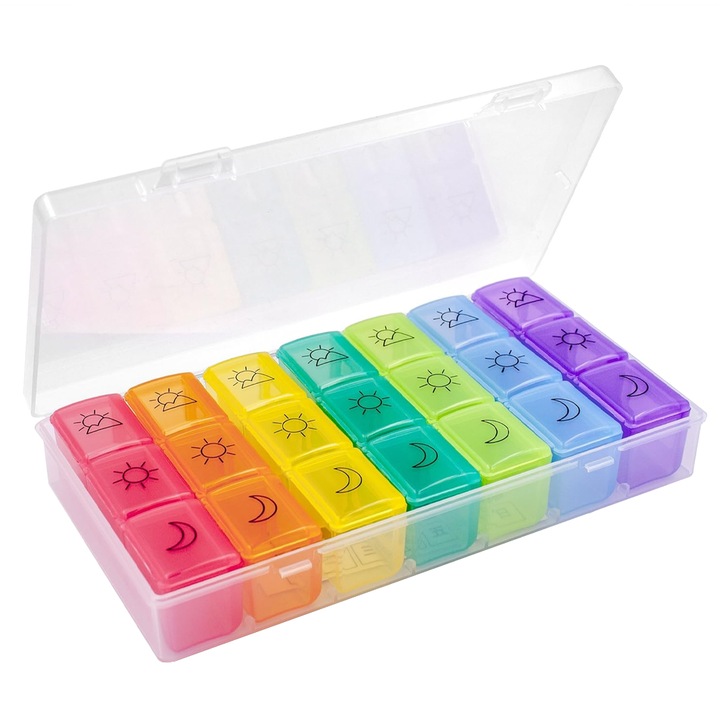 Кутия за лекарства Teno Medication Organizer Box, хапчета и витамини, 7 дни, подвижни контейнери, компактна, 20 x 11 cm, многоцветна