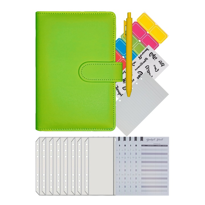 A6-os költségvetés-tervező rekesszel kártyák, dokumentumok, költségvetési lapok és cipzáros lapok számára, zöld