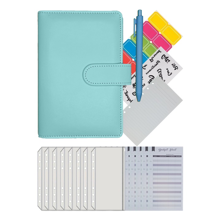 A6-os napirend típusú költségvetés-tervező rekesszel kártyák, dokumentumok, költségvetési lapok és cipzáros lapok számára, kék