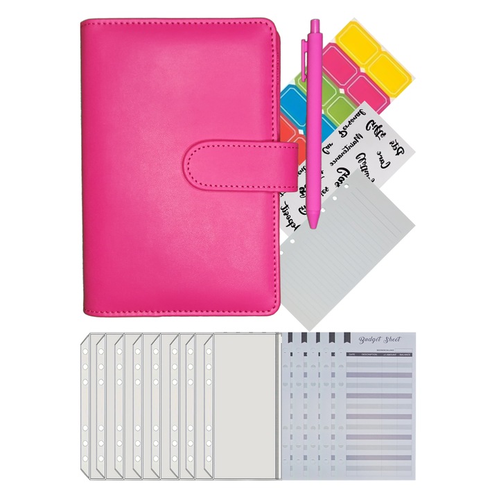 A6-os napirend típusú költségvetés-tervező rekesszel kártyák, dokumentumok, költségvetési fülek és cipzáros lapok számára, rózsaszín