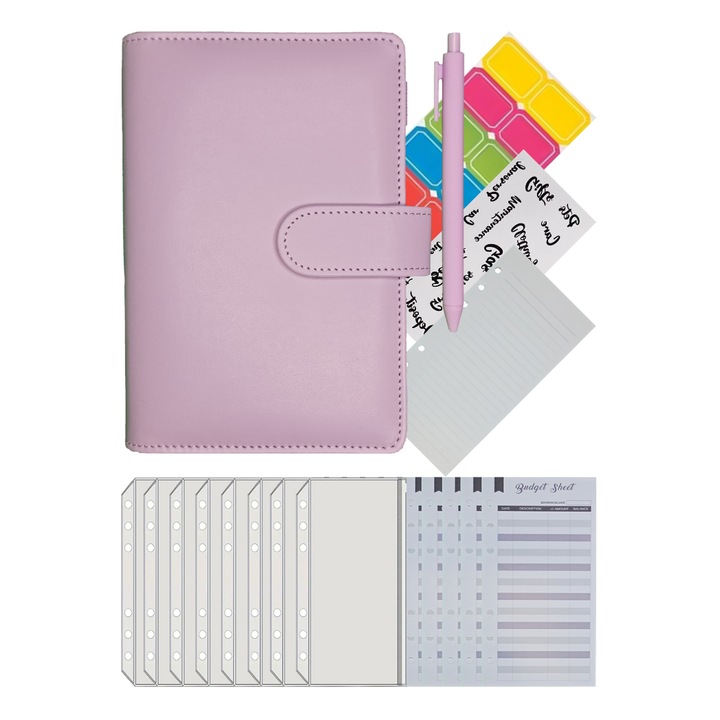 A6-os napirend típusú költségvetés-tervező rekesszel kártyák, dokumentumok, költségvetési lapok és cipzáros lapok számára, lila