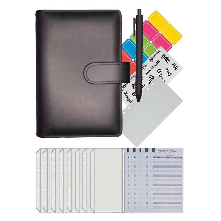 A6-os napirend típusú költségvetés-tervező rekesszel kártyák, dokumentumok, költségvetési fülek és cipzáros lapok számára, fekete