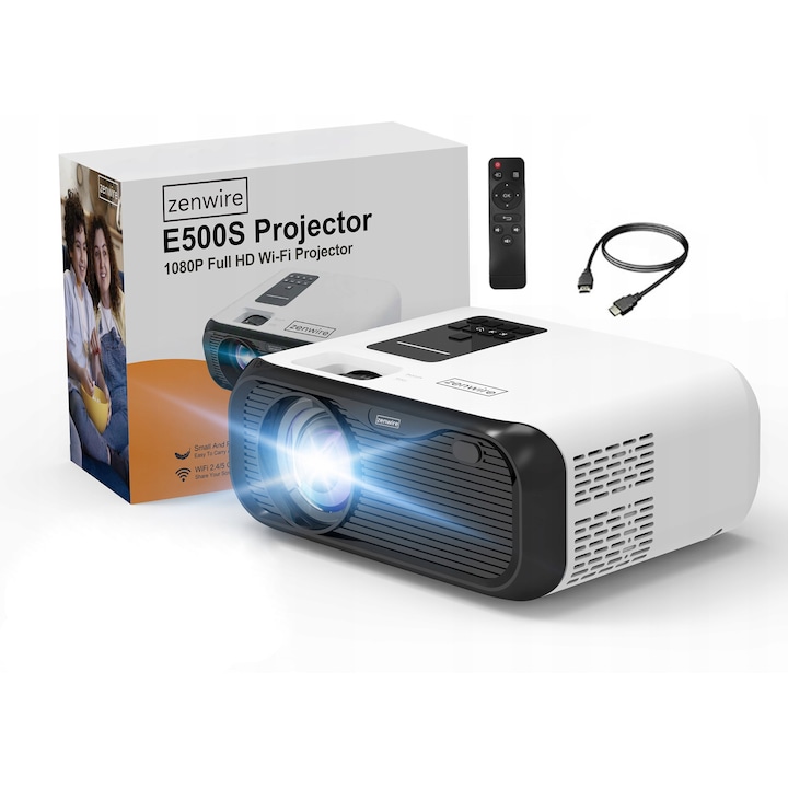 Мини видеопроектор, Zenwire, E500s WiFi Full HD 4K 7500lm, бял