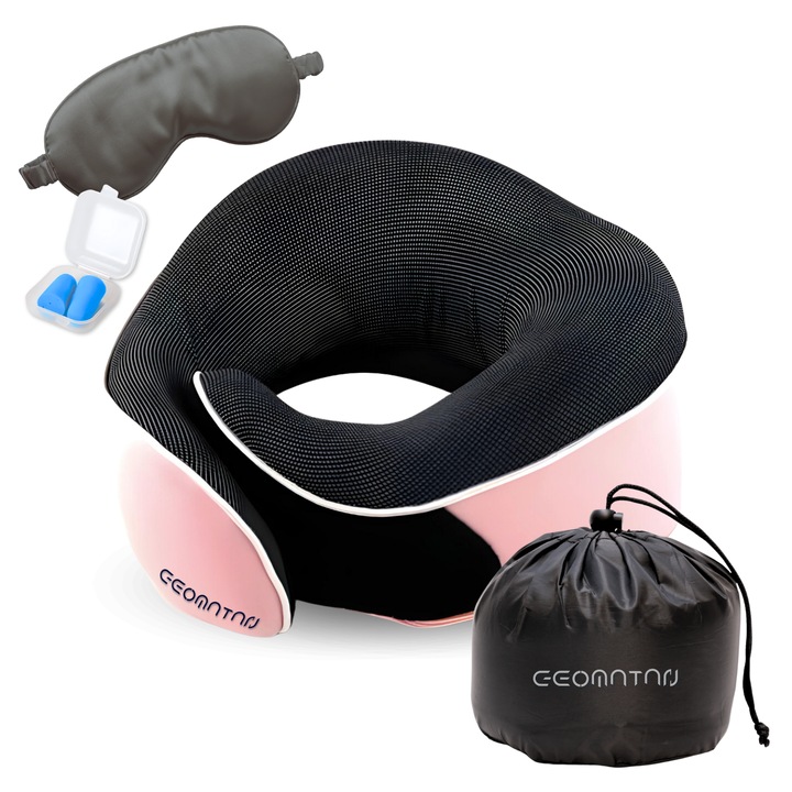 Utazó nyakpárna repülőgéphez és autóhoz, memóriahab, hordtáskával, légáteresztő huzat, csillapítja a nyaki fájdalmat, állítható méret, rózsaszín