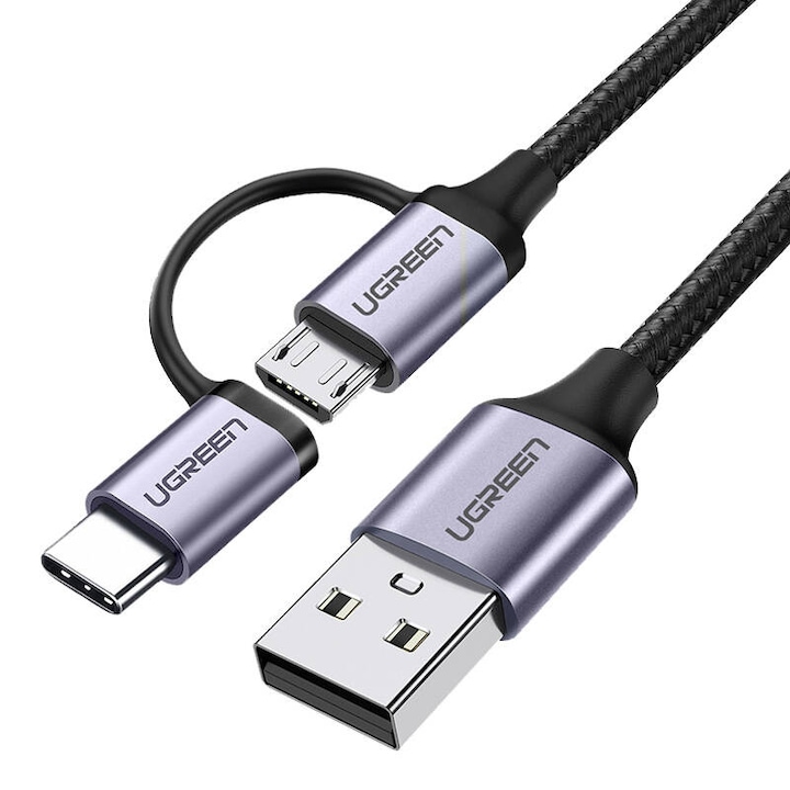 UGREEN 2 az 1-ben USB USB-C / Micro USB kábel, QC 3.0, 1m, fekete