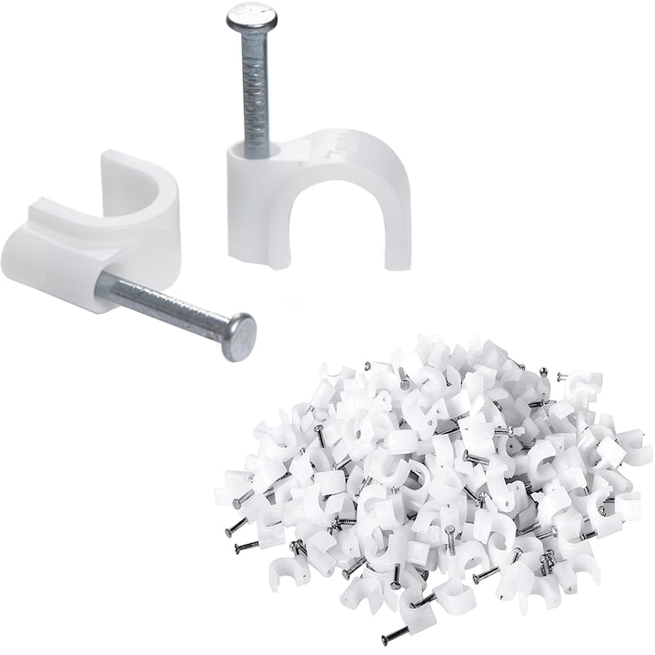 Set 100 bucati cleme pentru fixare cabluri, 10 mm diametru, alb