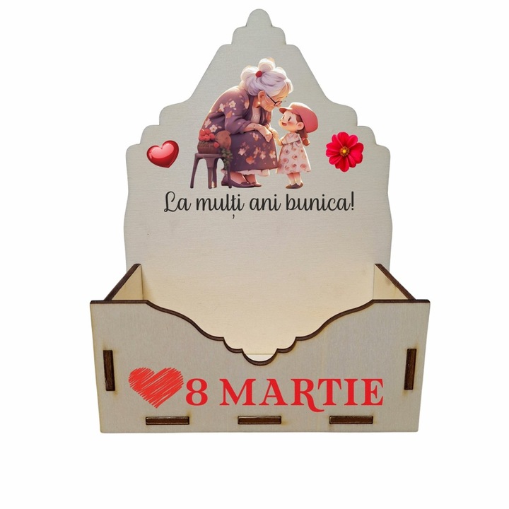 Cutie Aranjamente Florale, Lemn, 8 Martie, La multi ani bunica, 15 cm, CAUV029