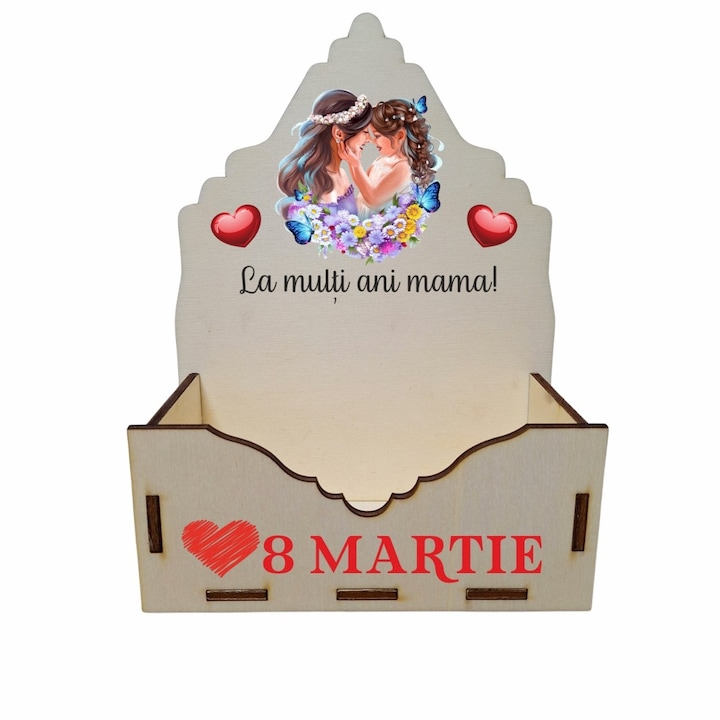 Cutie Aranjamente Florale, Lemn, 8 Martie, La multi ani mama, 15 cm, CAUV026