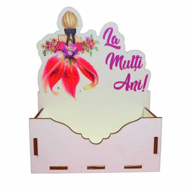 Cutie Aranjamente Florale, Lemn, La multi ani, 15 cm, CAUV043