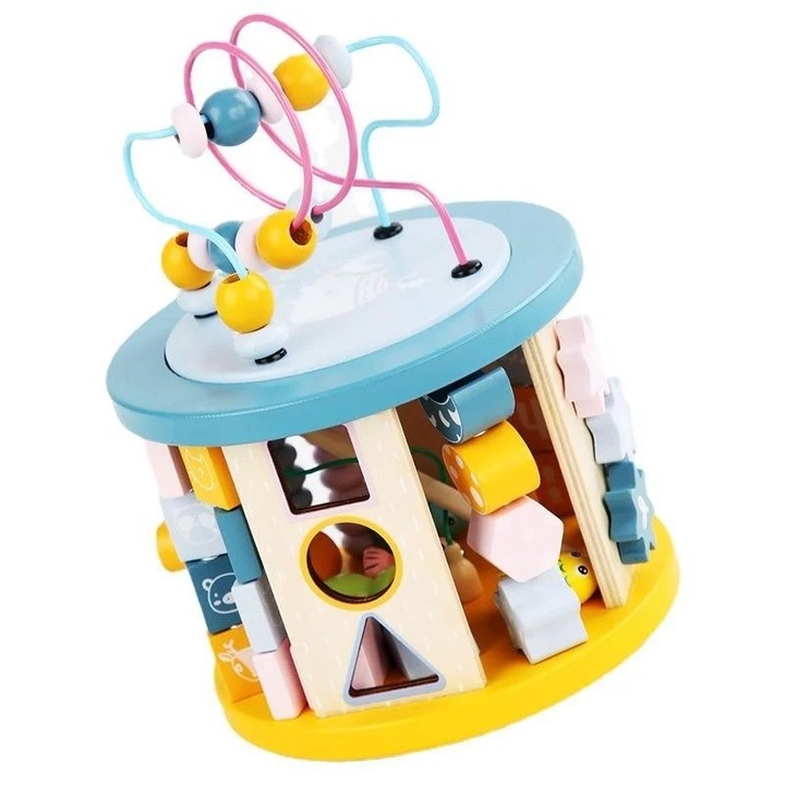 Cub educativ din lemn 11 in 1 cu Bead Winding, multicolor, Toyska®