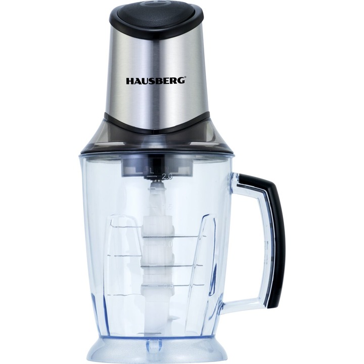 Електрически чопър HAUSBERG HB-4508IN, 500-700W, 1 скорост, 2 литра, пластмасова купа, 8 ножа с остриета от неръждаема стомана, сребрист