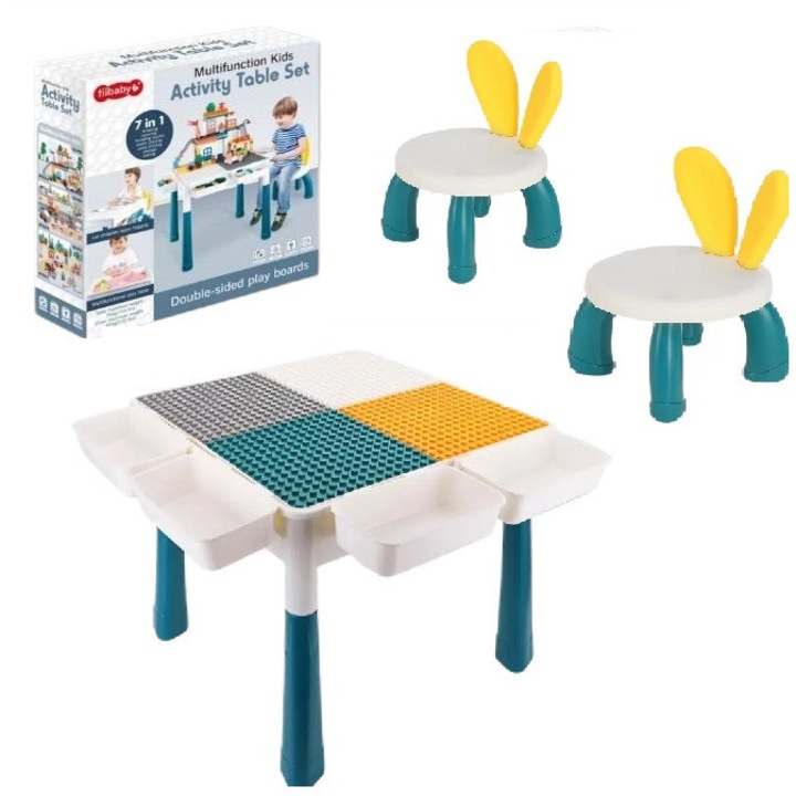 Многофункционална лего маса 7 в 1 с два стола в комплект WePro Store, режим за пясък, вода, учене, съхранение на играчки, различни дейности, Многоцветен, 3 години +