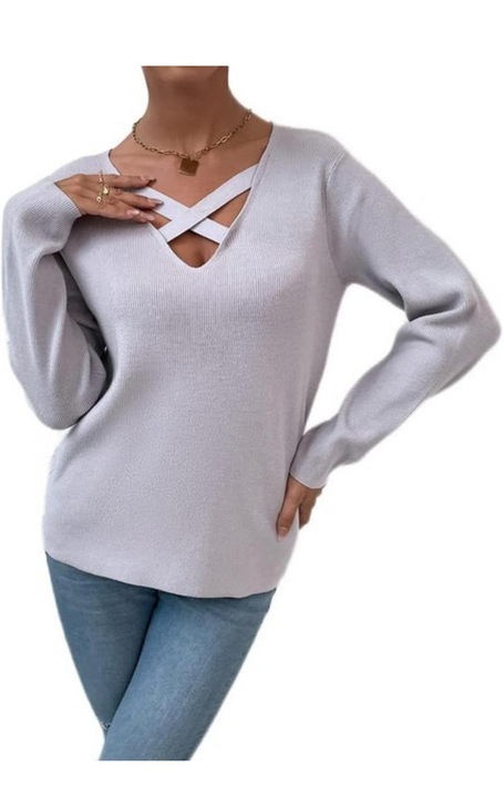 Szürke V-nyakú kötött női pulóver, l-es méret