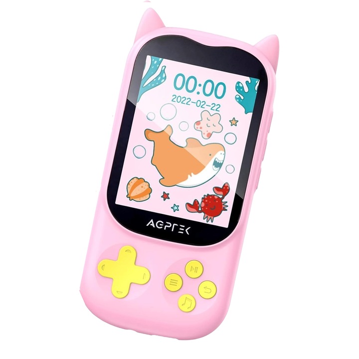 MP3 Player cu Bluetooth 5.3 pentru copii, cu display 2.4 inch, design pisica, cu difuzor, Radio FM, ceas cu alarma, jocuri, redare video, de 32 GB, accepta card pana la 128 GB, roz