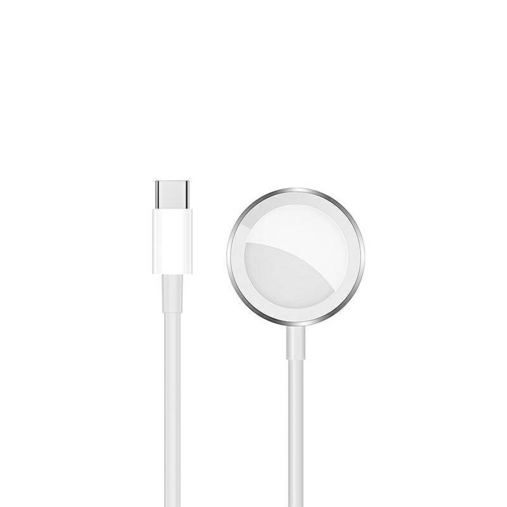 Incarcator magnetic wireless pentru Apple Watch, conector USB Type-C, 1m lungime, Alb