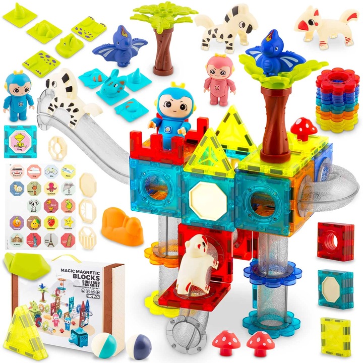 Set Educativ si Creativ Magnetic cu 107 Piese, Traseu Bile, Dinosaur Paradise "LikeSmart Magic Magnetic Blocks", Numeroase Posibilitati de Construit Creativ, Dezvoltarea Abilitatilor Motrice si a Imaginatiei