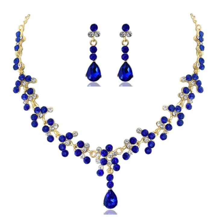 Set bijuterii pentru femei, GMO, Wedding Safir Cristal, colier si cercei, forma muguri, albastru
