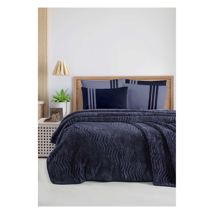 Спален комплект Кингтекс NAVY BLUE, с одеяло, дигитален памучен сатен за спалня, 7 части