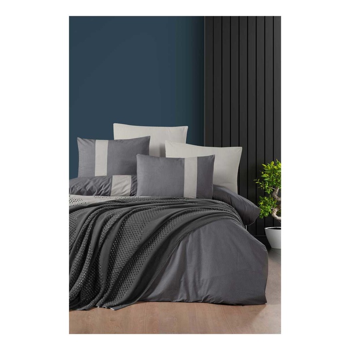 Спален комплект Кингтекс MAXWELL-GREY, с одеяло, дигитален памучен сатен за спалня, 7 части