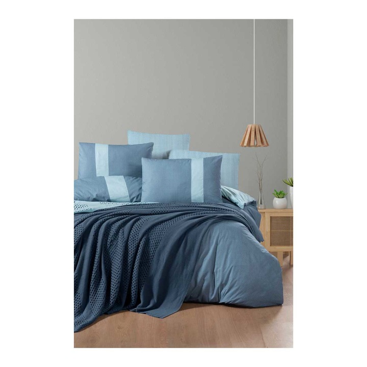 Спален комплект Кингтекс MAXWELL-TURQUOISE, с одеяло, дигитален памучен сатен за спалня, 7 части