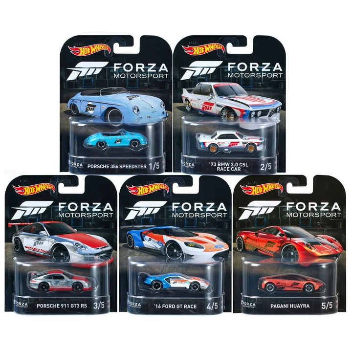 Комплект от 5 колекционерски коли Hot Wheels Forza Motorsport, Porsche 356 Speedster, състезателна кола BMW 3.0 CSL '73, Porsche 911 GT3 RS, '16 Ford GT Race & Pagani Huayra, Premium, 1:64