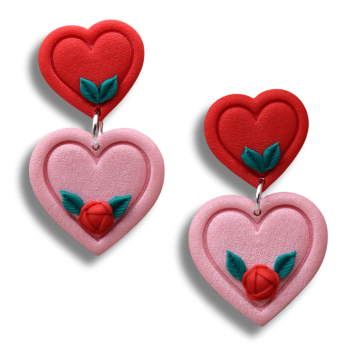 Cercei Handmade 'Crinis - Inimi cu bujor', Lut Polimeric, Roz, Pin de plastic