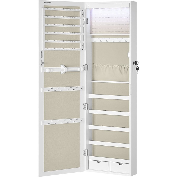 Ékszer- és kozmetikai szekrény, ajtóra szerelhető, MDF, 10 x 37 x 120 cm, fehér