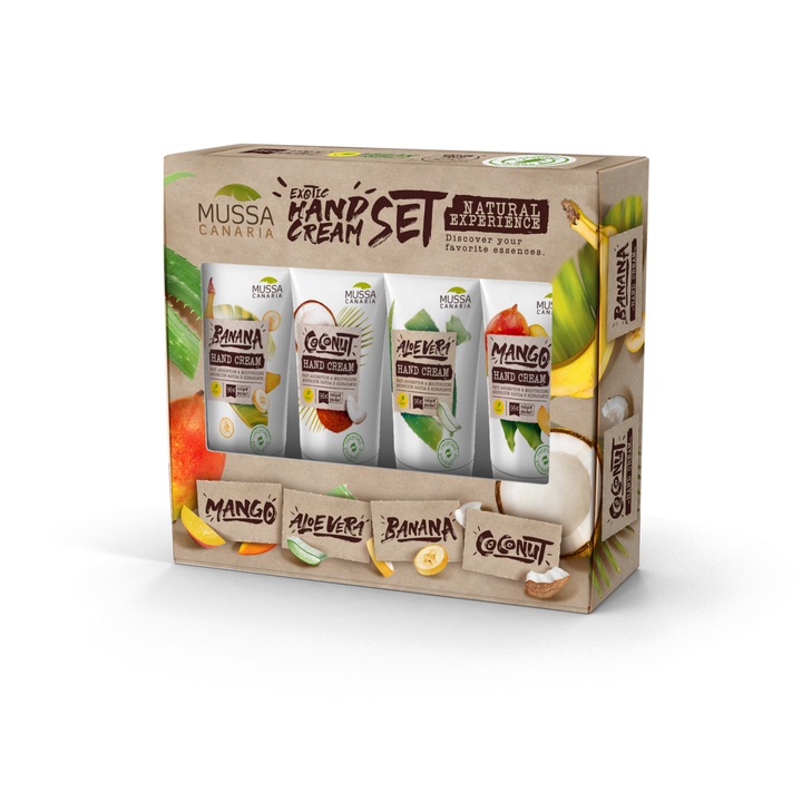 Комплект екзотични кремове за ръце Mussa Canaria от Канарските острови, Банан, Алое вера, Кокос, Манго, 4 бр. х 40 мл