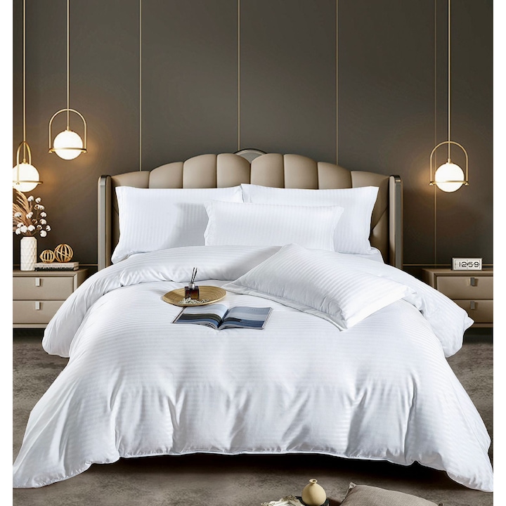 Lenjerie de pat matrimonial King Size, Damasc Polycotton Satinat Premium, 6 piese, 2 persoane, 232x250cm, Alb Pur