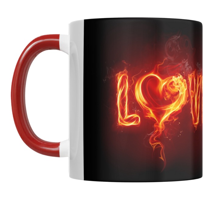 Cana personalizata „Fire love!” v3, dragobete, ziua indragostitilor, pentru persoana draga, rosie, 330 ml