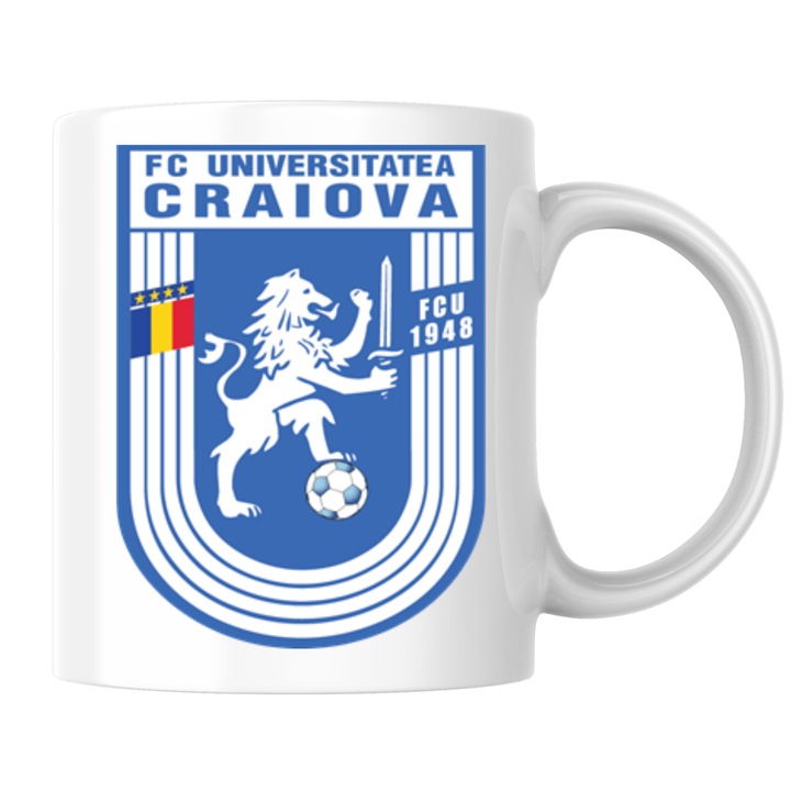 Cana personalizata „F.C. Universitatea Craiova” v1, fotbal club Universitatea Craiova, sport, fotbal, suporter, alba, 330 ml